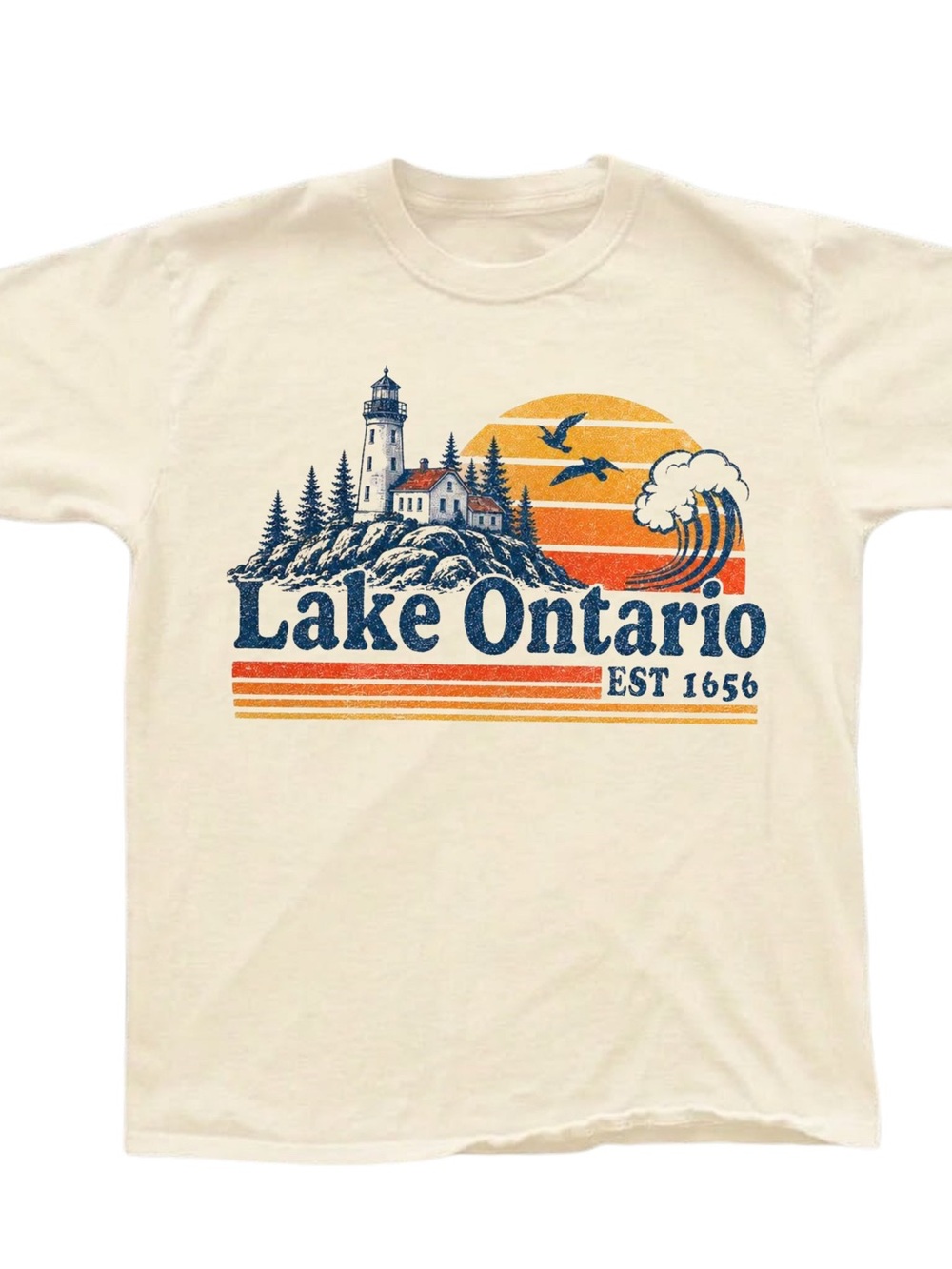 Cream Lake Ontario Graphic Tee with Navy & Orange Print, Gift For Her, For Him